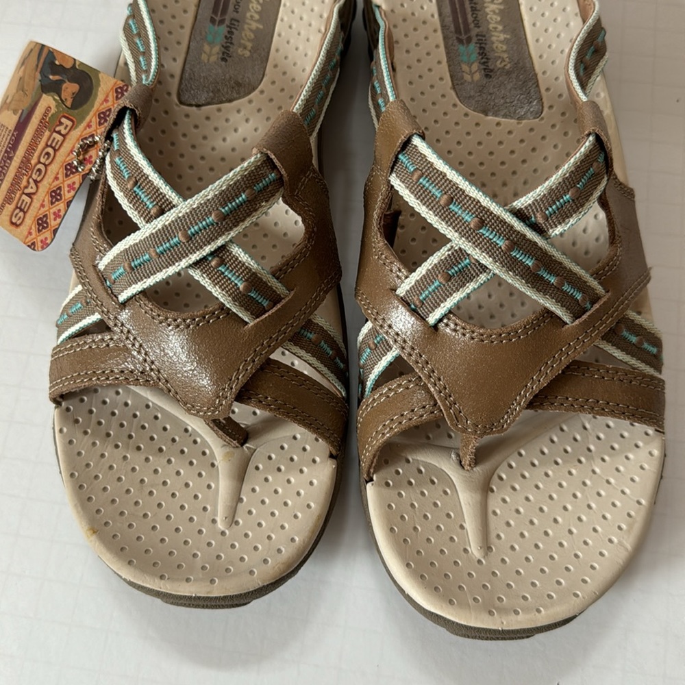 Skechers Reggae Sandals Thong Beige & Turquoise - Picture 3 of 15